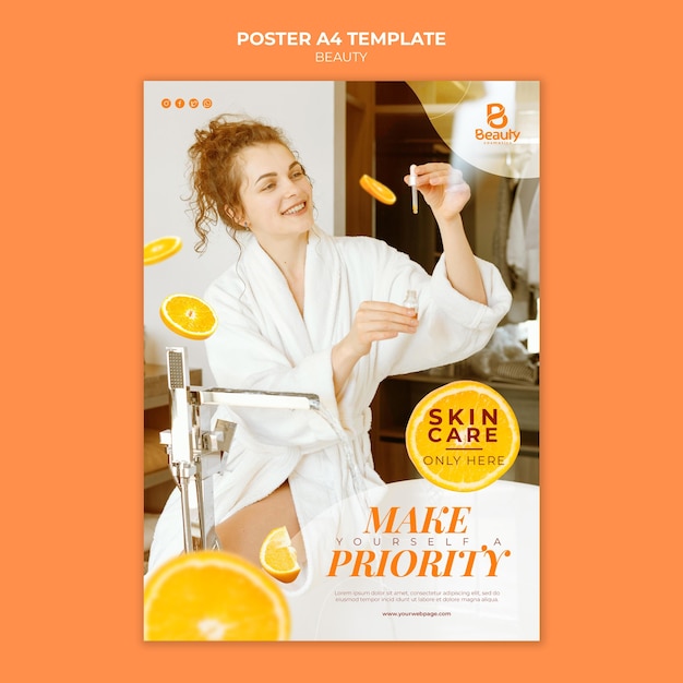 Poster template for home spa skincare with woman and orange slices