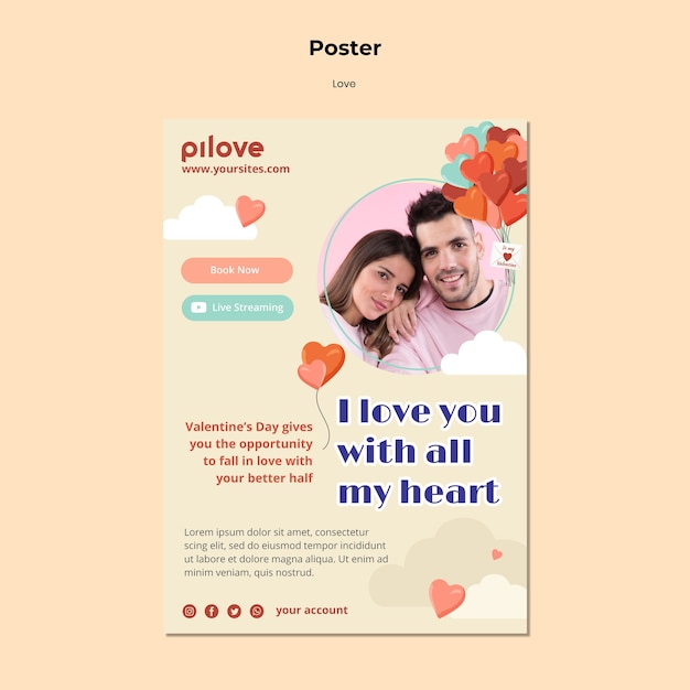 Poster template for love with romantic couple and hearts