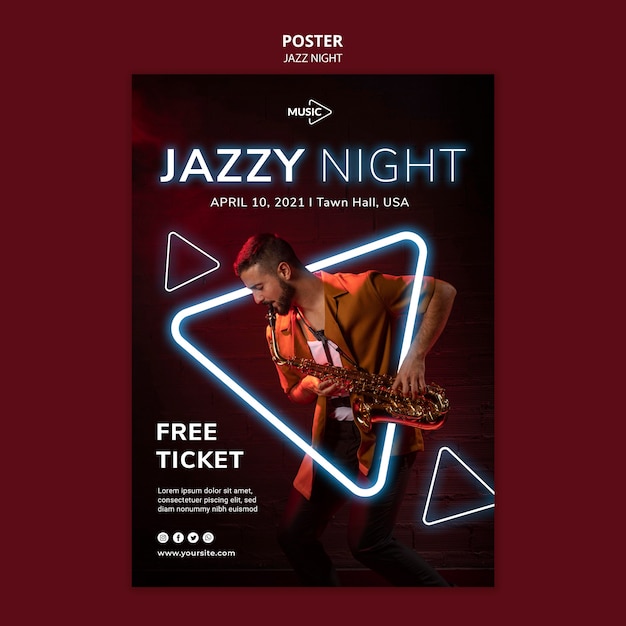 Free PSD poster template for neon jazz night event