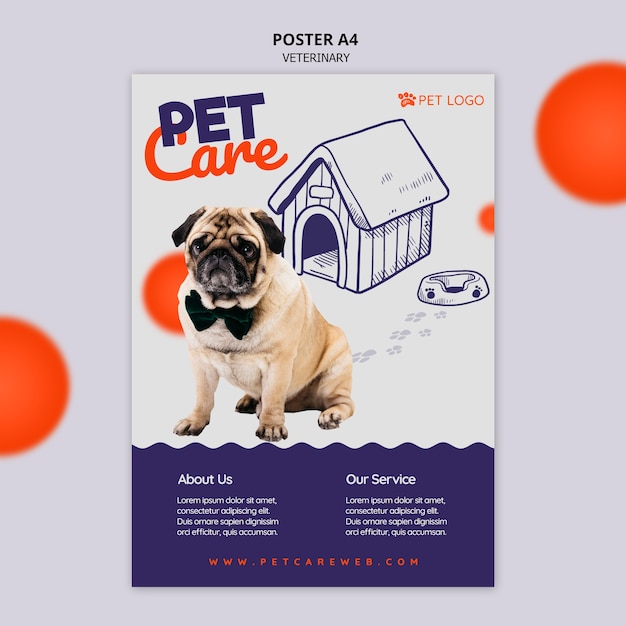 Free PSD poster template for pet care with dog wearing a bow tie