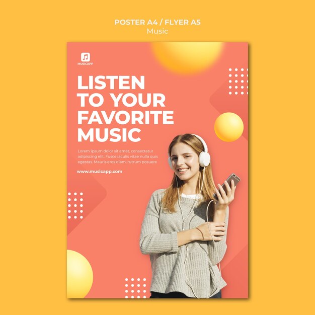 Poster template for streaming music online with woman wearing headphones