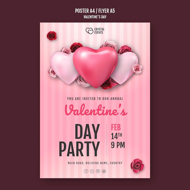 Free PSD poster template for valentine's day with heart and red roses