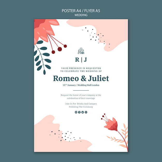 Poster template for wedding with flowers