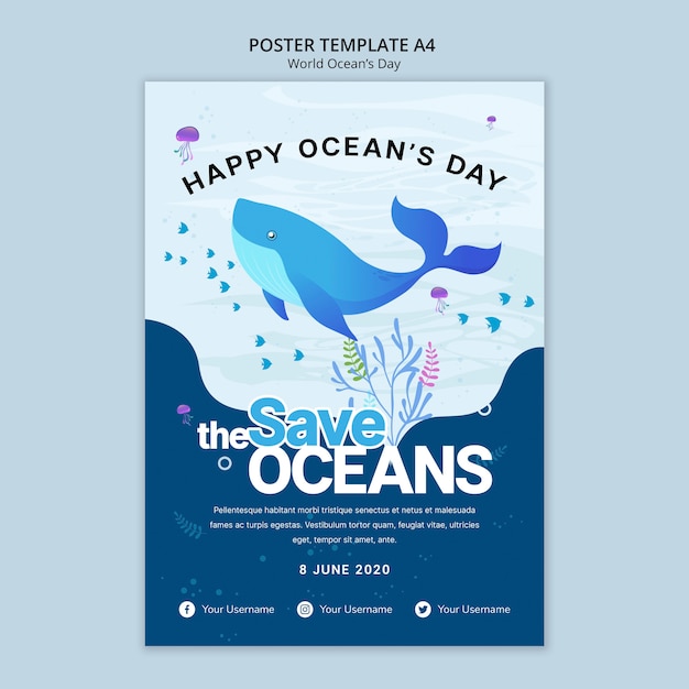 Free PSD poster template with world ocean day theme