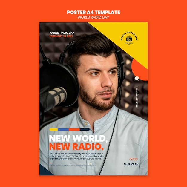 Poster template for world radio day with broadcaster and microphone