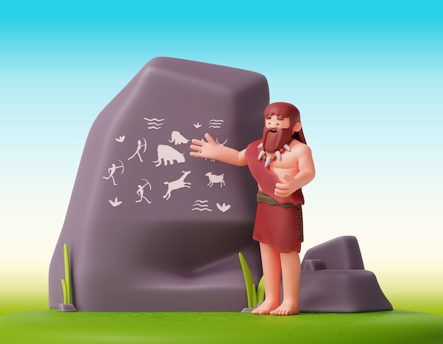 Free PSD prehistoric caveman character 3d composition