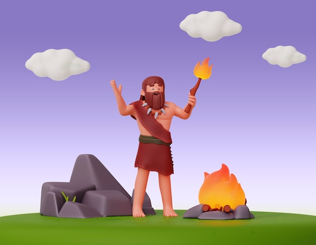 Free PSD prehistoric caveman character 3d composition