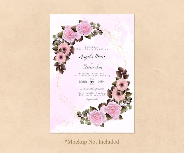 Free PSD pretty pink floral wedding invitation card with golden frame