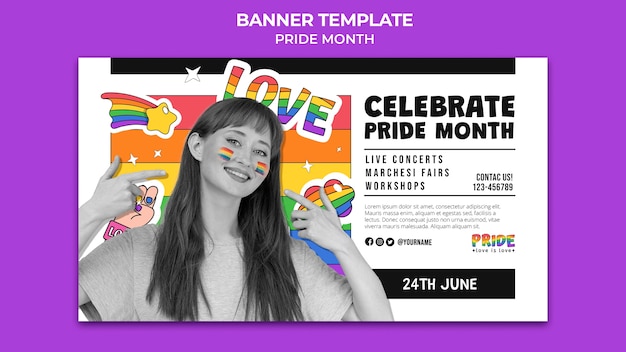 Free PSD pride month horizontal banner template with rainbow colors