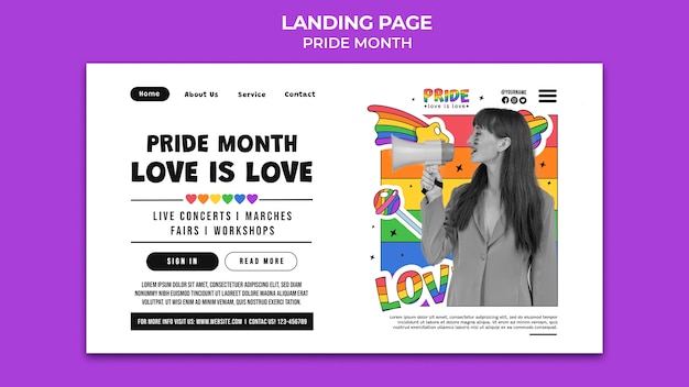 Pride month landing page template with rainbow colors