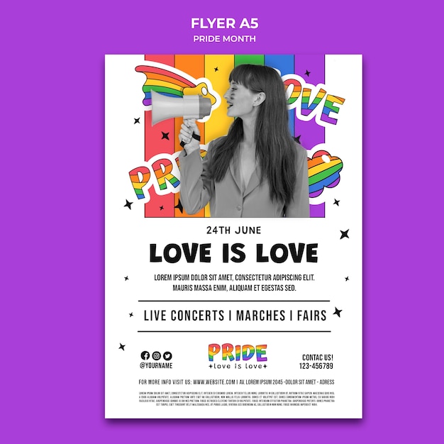 Free PSD pride month vertical flyer template with rainbow colors