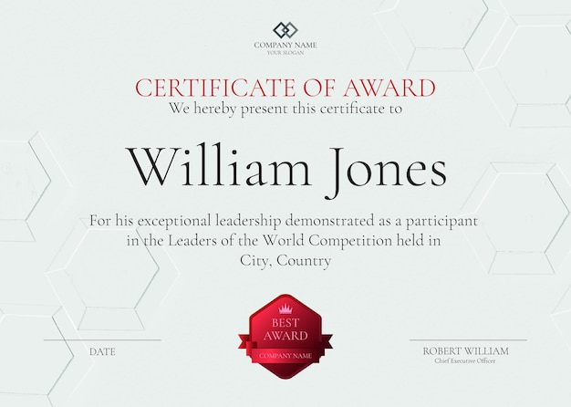 Professional award certificate template psd in white abstract design