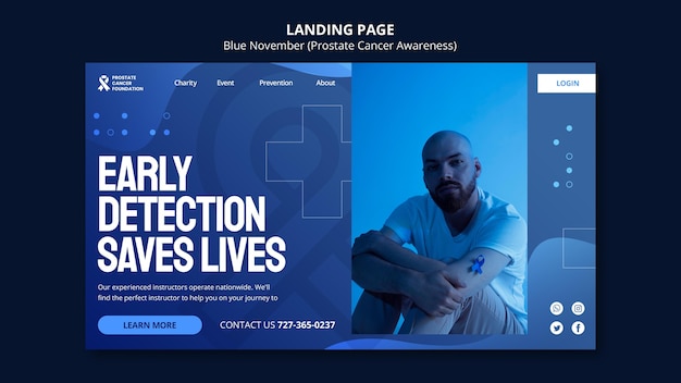 Prostate cancer awareness landing page template in blue tones