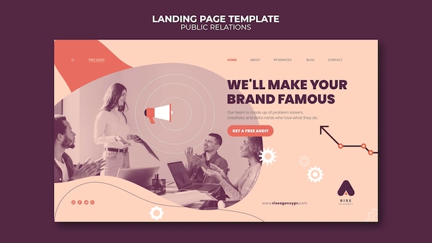 Free PSD public relations landing page template with photo