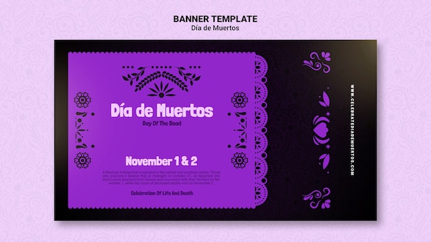 Free PSD purple dia de muertos horizontal banner template