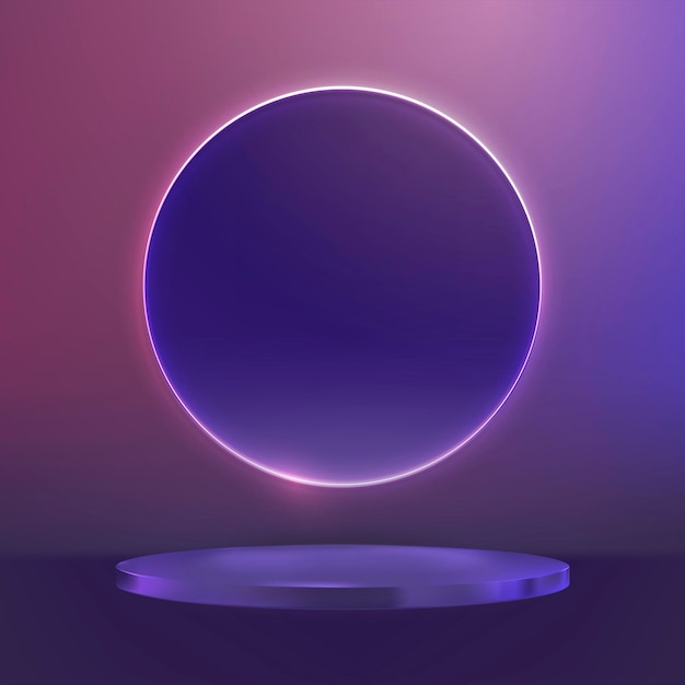 Purple product display podium with pink neon ring in modern style