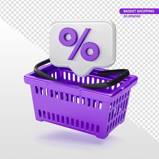 Purple supermarket basket with icon percent in 3d render with transparent background