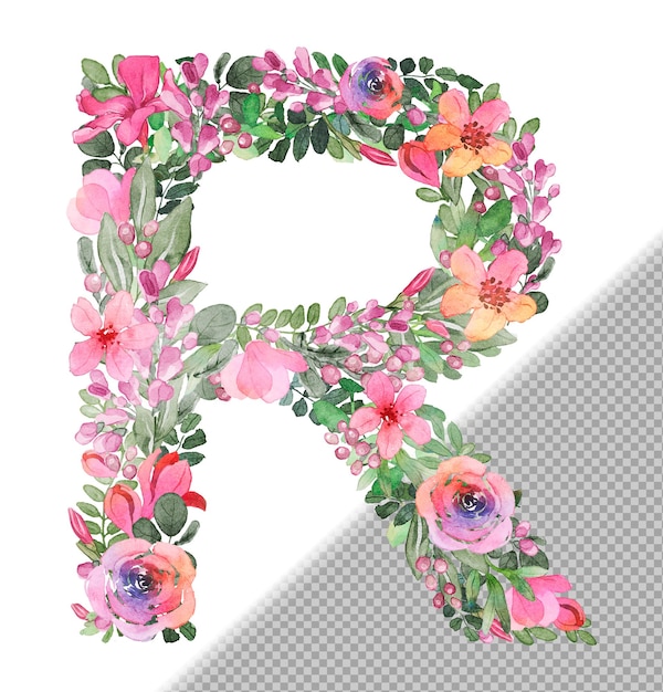 R letter in uppercase made of soft handdrawn flowers and leaves