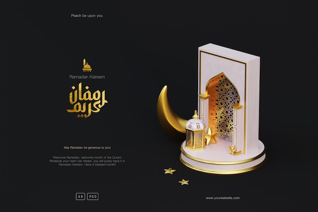 Ramadan Kareem greetings background with 3D Mosque Podium crescent lantern and Islamic ornaments