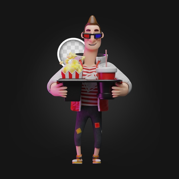 Free PSD ready for the cinema with popcorn and drinks. 3d illustration