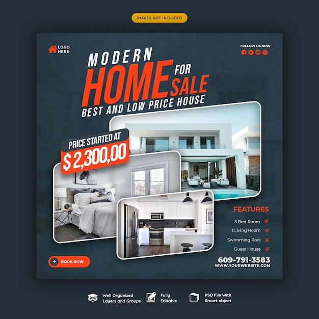 Free PSD real estate house property instagram post or social media banner template