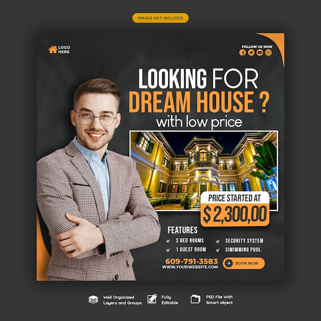 Free PSD real estate house property instagram post or social media banner template