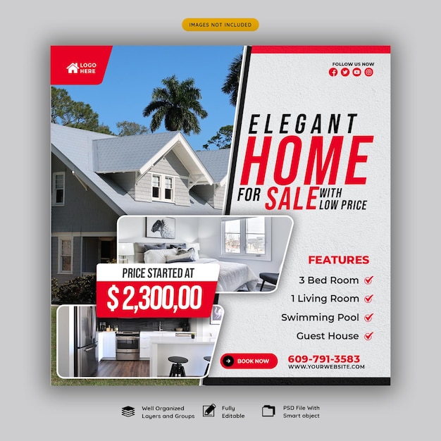 Free PSD real estate house property instagram post or social media banner template