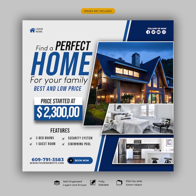 Free PSD real estate house property instagram post or social media banner template