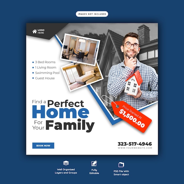 Free PSD real estate house property instagram post or social media banner template