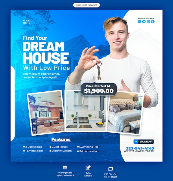 Free PSD real estate house property instagram post or social media banner template