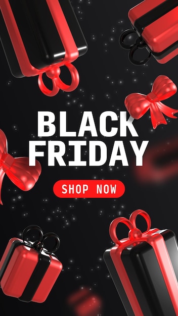 Free PSD realistic black friday banner with 3d floating gifts and ribbons