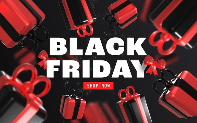 Free PSD realistic black friday banner with 3d red and black gift boxes