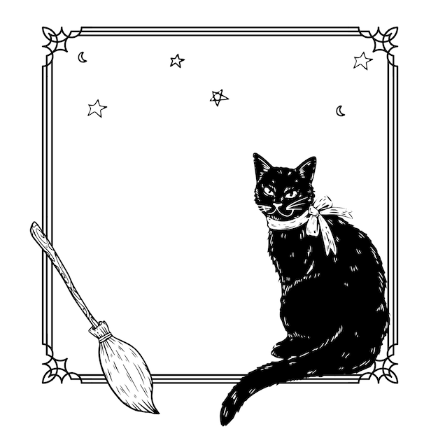 Free PSD realistic hand drawn halloween illustration with cat