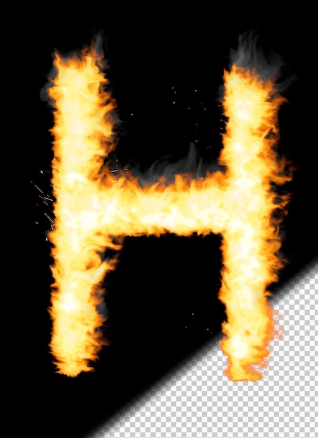 Free PSD realistic letter h made of fire on transparent background