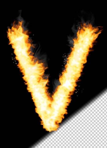 Realistic letter V made of fire on transparent background