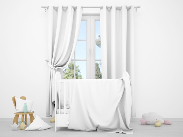 Free PSD realistic white baby bedroom with a window and a cradle