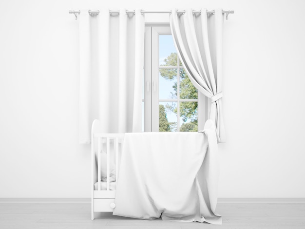 Free PSD realistic white baby bedroom with a window and a cradle