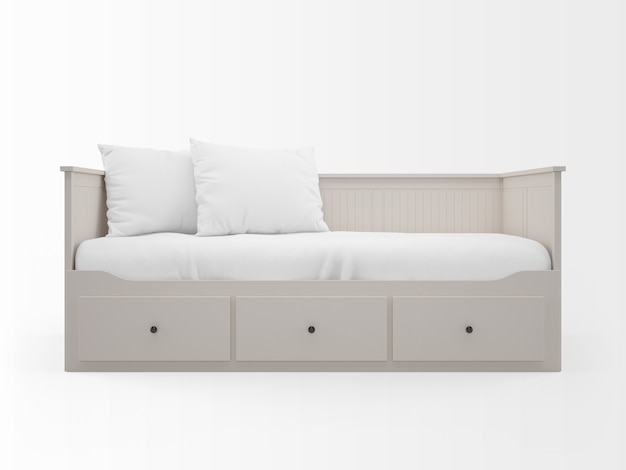 realistic white bed with drawers