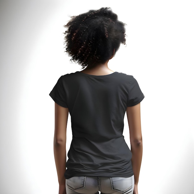 Free PSD rear view of african american woman in blank t shirt