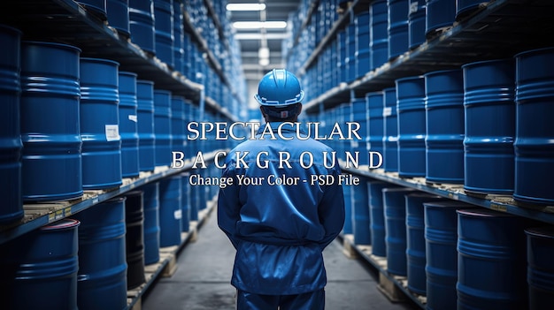 Free PSD rear view of a male worker standing in a warehouse with barrels