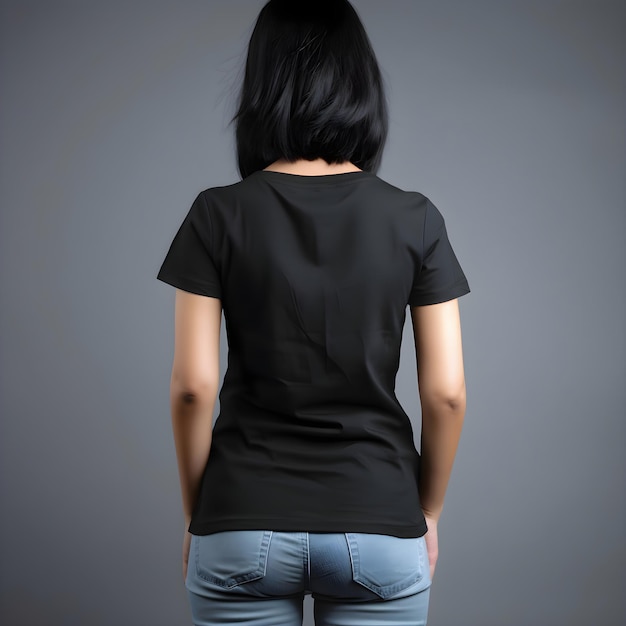 Free PSD rear view of woman in blank black t shirt front view