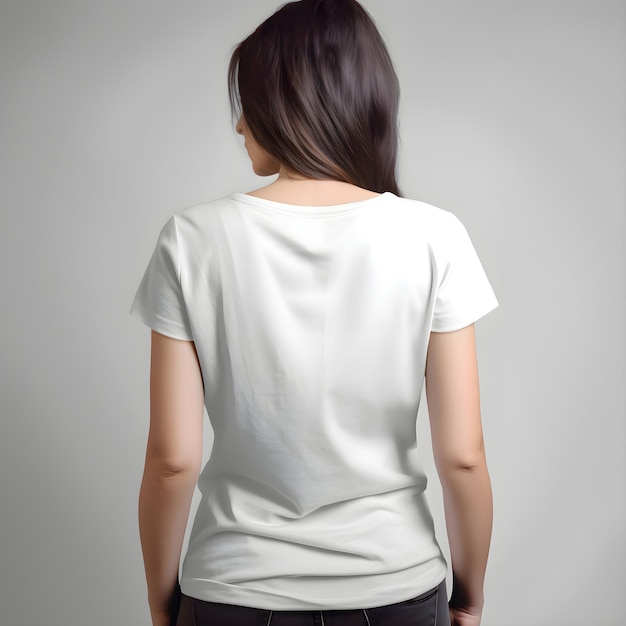 Free PSD rear view of a woman wearing blank white t shirt on grey background