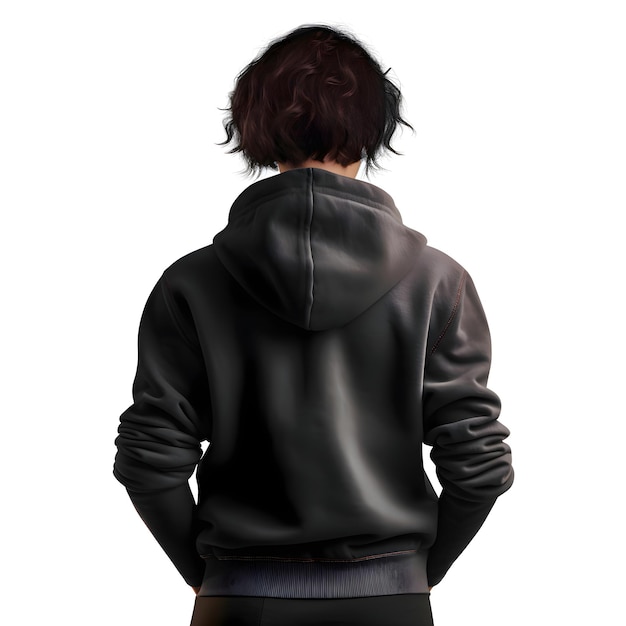 Free PSD rear view of a woman with black hoodie on white background