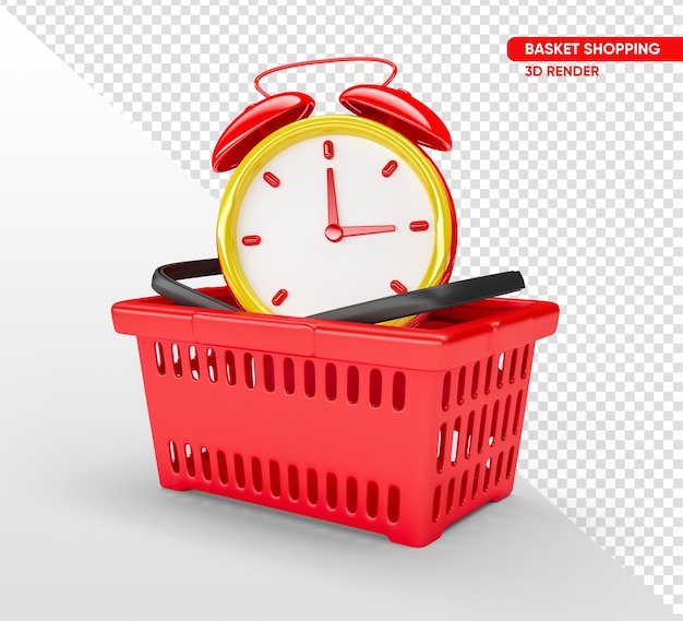 Red supermarket basket with clock in 3d render with transparent background