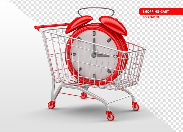 Free PSD red supermarket trolley with clock in 3d render with transparent background