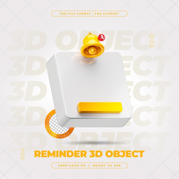 Free PSD reminder notification with bell alert popup isolated 3d render illustration