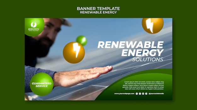 Renewable and sustainable energy horizontal banner template with spheres and lightning bolts