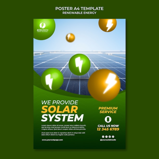 Renewable and sustainable energy vertical poster template with spheres and lightning bolts