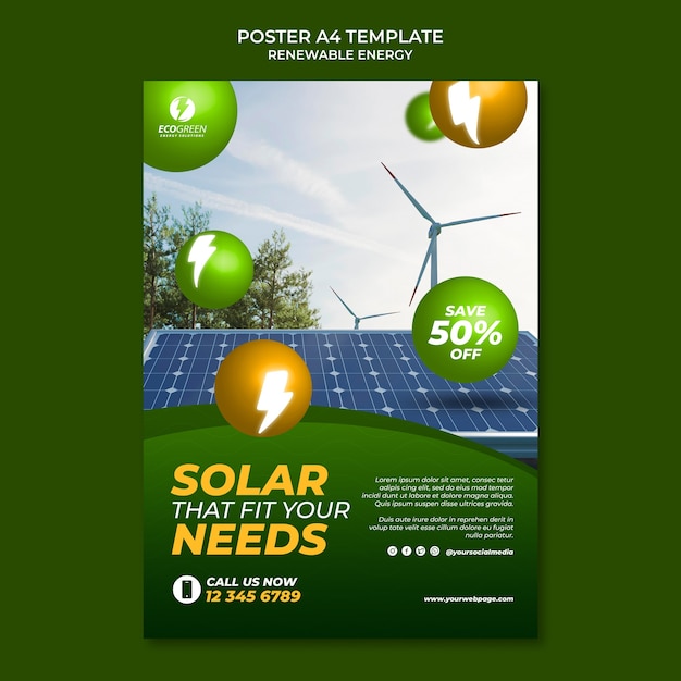 Renewable and sustainable energy vertical poster template with spheres and lightning bolts