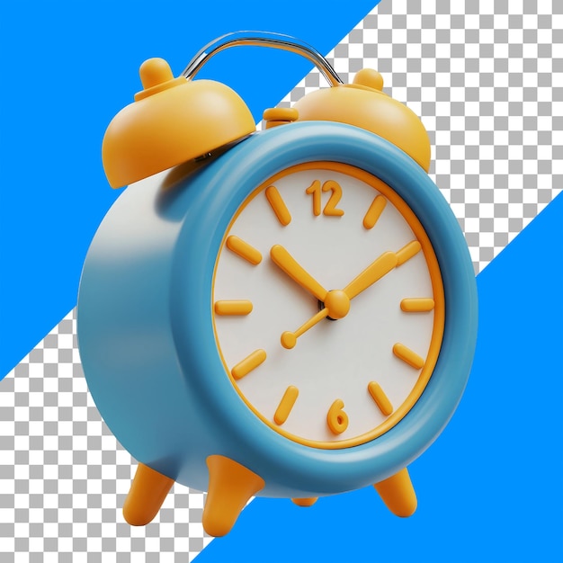 Free PSD retro blue and yellow alarm clock isolated on checkered background